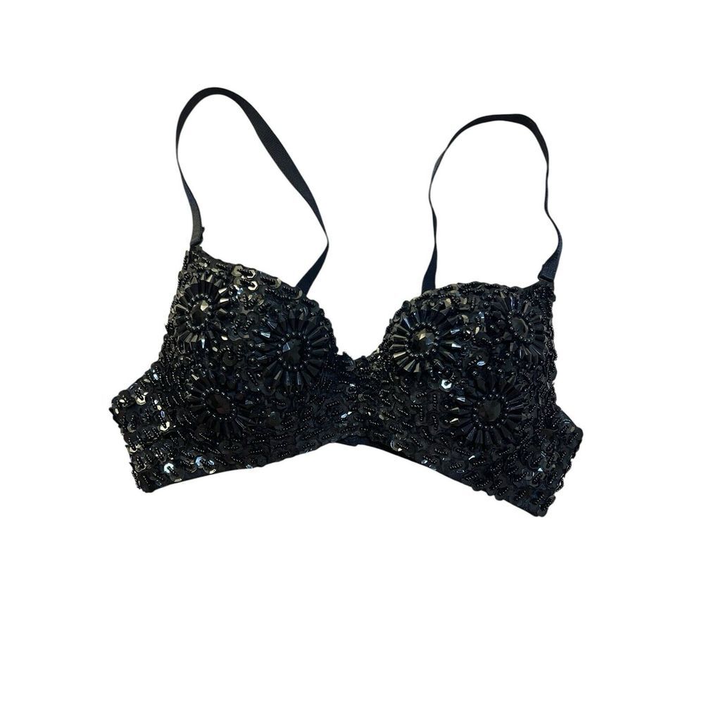Sequin Black Bra 34 Bustier Push Up Party‎ Biker Whimsigothic Festival Sexy